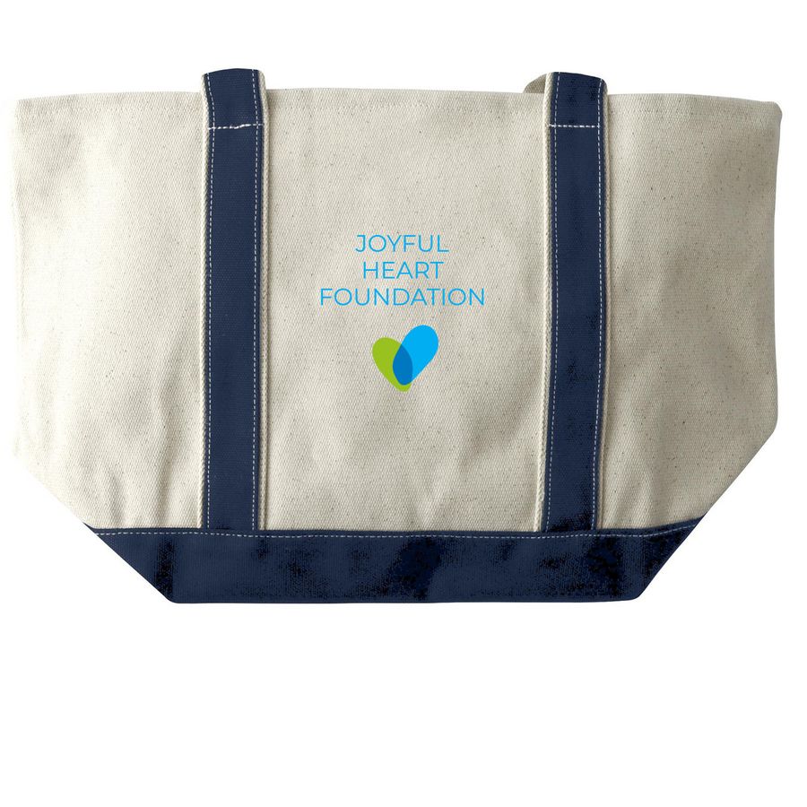 Joyful Heart Summer Tote Bag, a Natural/Navy Large Two-Tone Canvas Tote Bag (back-view)