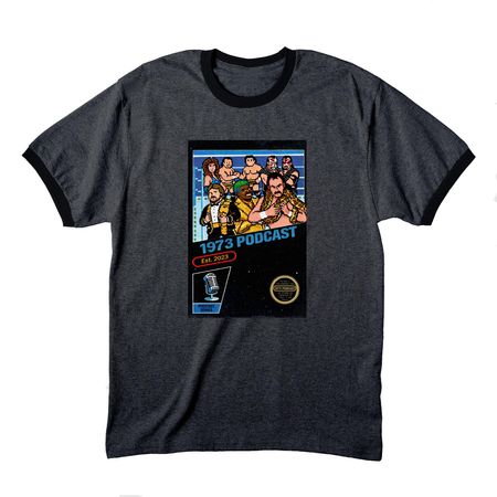 1973 8bit, a Dark Heather Grey/ Jet Black Cotton Ringer Tee