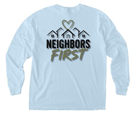 Neighbors First, a Chambray Comfort Colors Long Sleeve Pocket Tee (back-view)