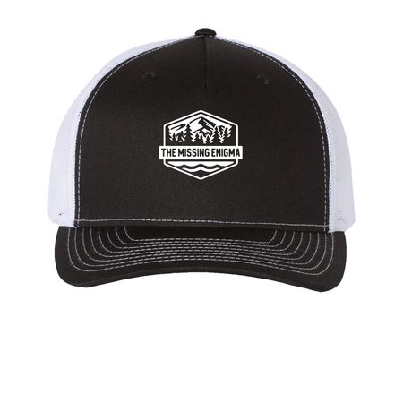 The Missing Enigma Hats, a Black/ White Printed Five-Panel Trucker Cap