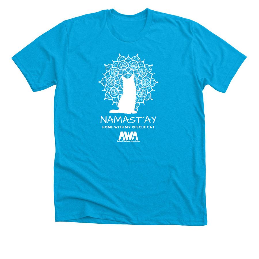 Namast'ay Home with my Rescue Cat, a Neon Blue Premium Unisex Tee