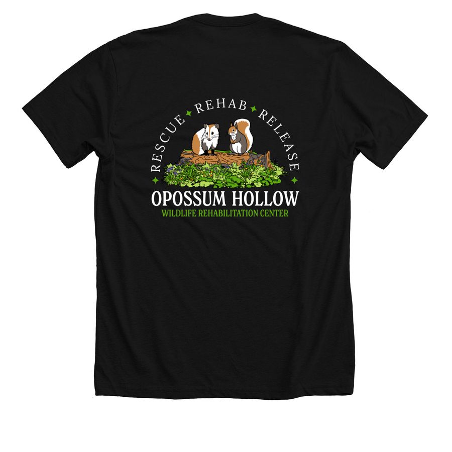 Opossum Hollow Wildlife Rehab, a Solid Black Blend Premium Unisex Tee (back-view)