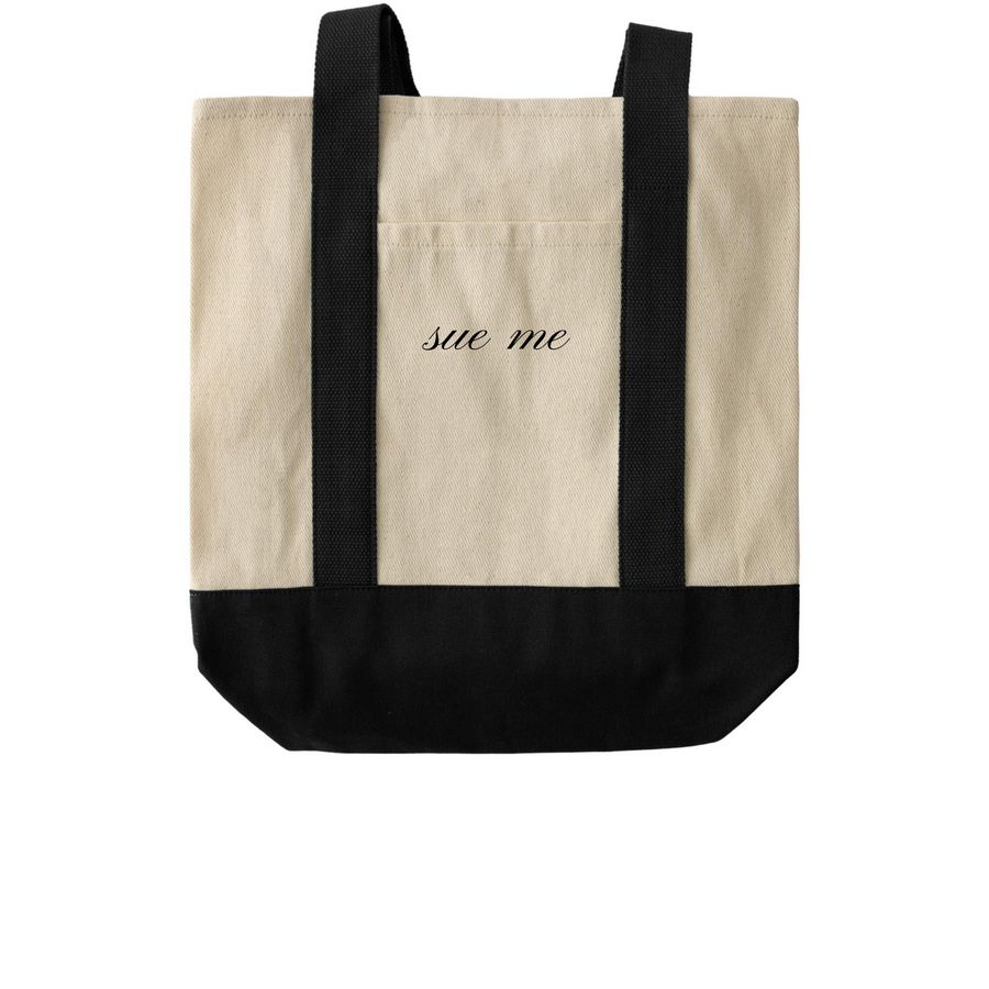 "sue me" Black Tote Bags&nbsp;, a Natural/Black Two-Tone Grocery Tote Bag