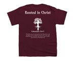 Rooted in Christ, a Maroon Youth Unisex Tee (back-view)