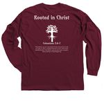 Rooted in Christ, a Maroon Classic Long Sleeve Tee (back-view)