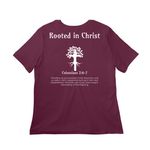 Rooted in Christ, a Maroon Women?s Relaxed Cotton Tee (back-view)