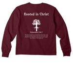 Rooted in Christ, a Maroon Youth Heavyweight Long Sleeve Tee (back-view)