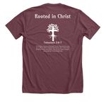 Rooted in Christ, a Heather Maroon Premium Unisex Tee (back-view)