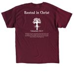 Rooted in Christ, a Maroon Classic Unisex Tee (back-view)