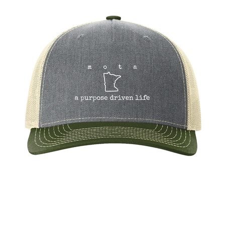 MOTA 2026 Conference: Hat Collection, a Heather Grey/ Birch/ Army Olive Printed Five-Panel Trucker Cap