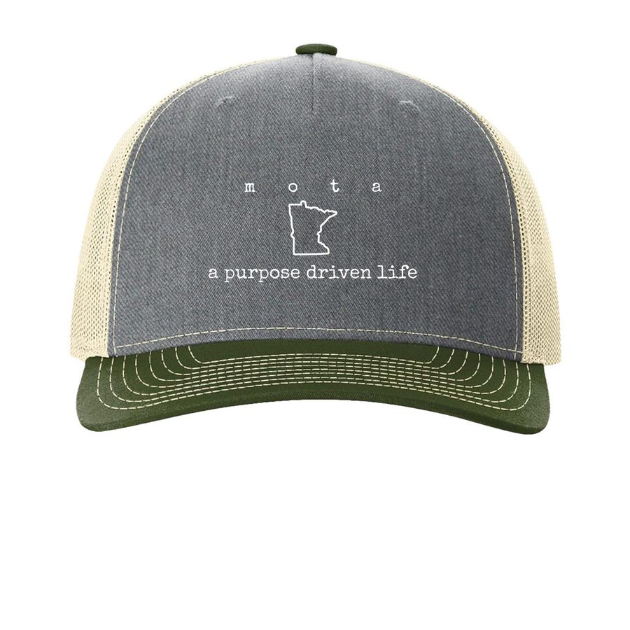 MOTA 2026 Conference: Hat Collection, a Heather Grey/ Birch/ Army Olive Printed Five-Panel Trucker Cap