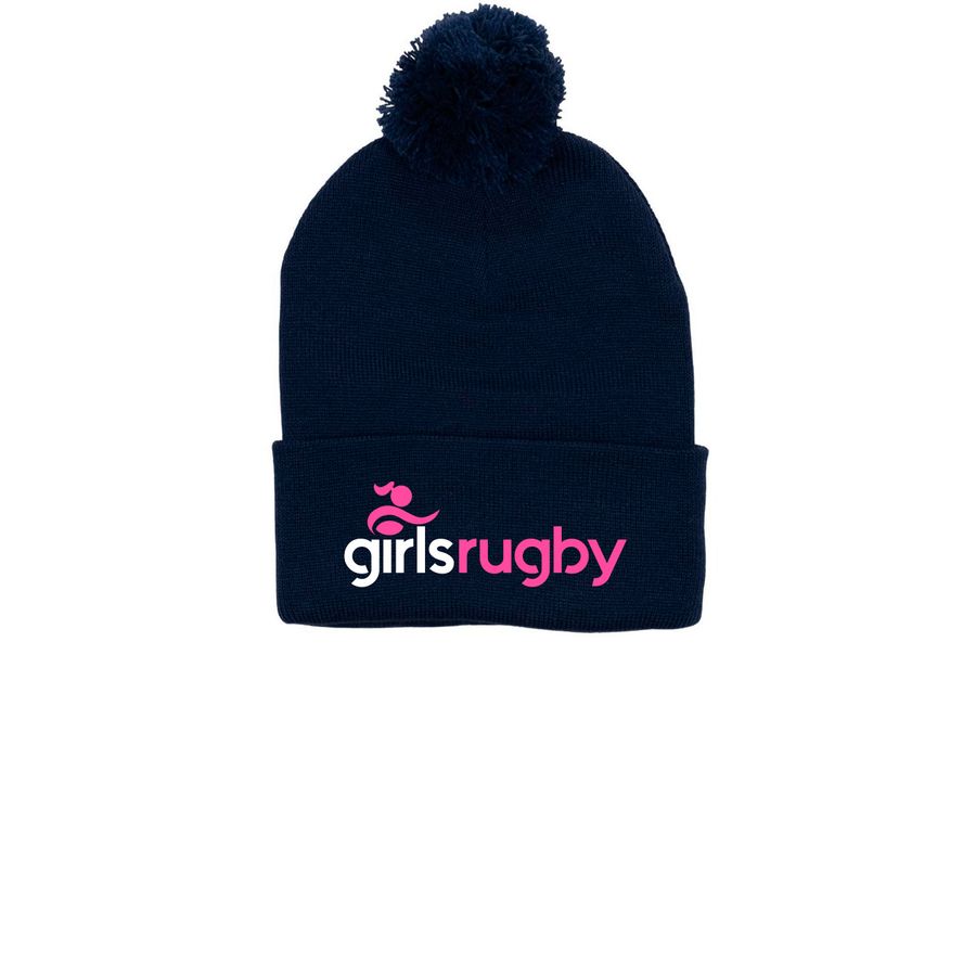 Girls Rugby Winter Beanies, a Navy Printed Pom-Pom Beanie