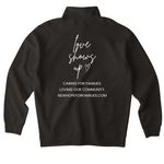 Love Shows Up- Dark, a Black Midweight Quarter Zip Pullover (back-view)