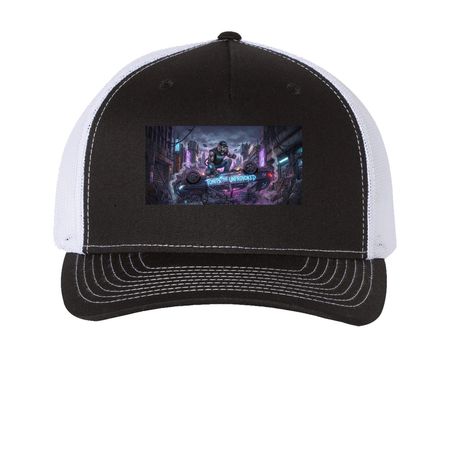 Tonits the Unprovoked Hats, a Black/ White Printed Five-Panel Trucker Cap