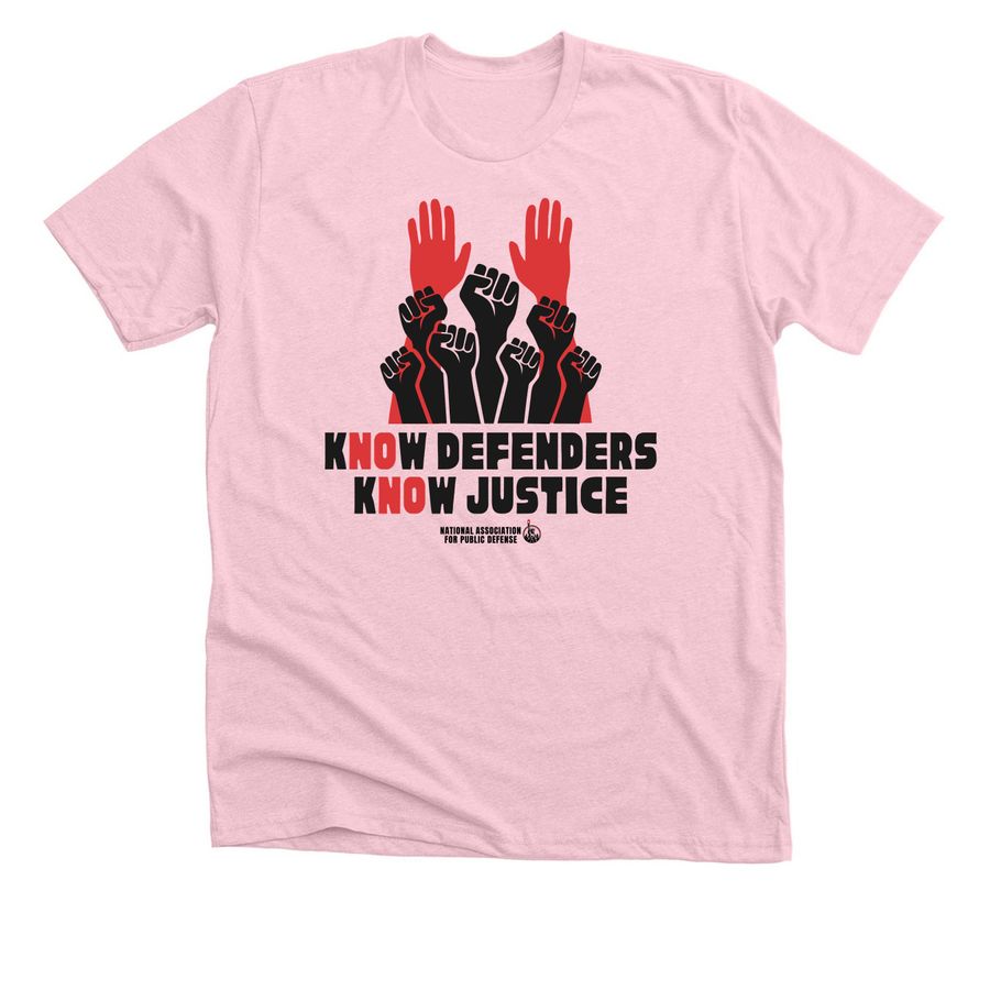 Know Defenders, Know Justice, a Heather Pink Premium Unisex Tee