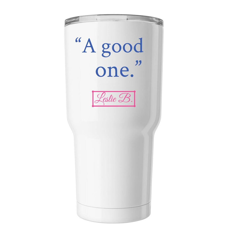 Leslie?s Job Tumbler, a White Insulated Tumbler (back-view)