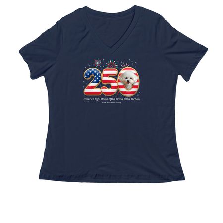 America 250: Home of the Brave & the Bichon, a Navy Women's Relaxed V-Neck Tee