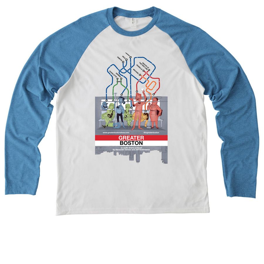 Greater Boston: Subway Raglan, a Azure Blue/ Bright White Allmade Eco Triblend Colorblock Raglan Long Sleeve Tee