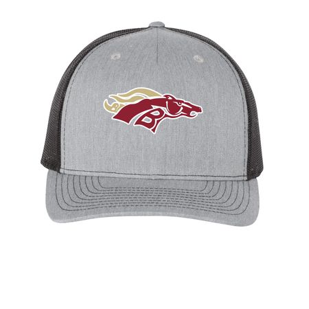 Bronco Hats, a Heather Grey/ Black Printed Five-Panel Trucker Cap