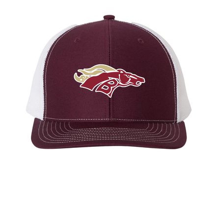Bronco Hats, a Maroon/ White Printed Snapback Trucker Cap