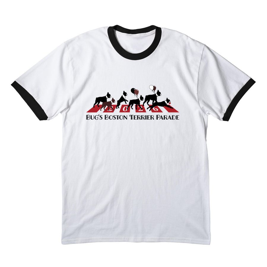 Bug?s Boston Terrier Parade! 2026????, a White/ Jet Black Cotton Ringer Tee