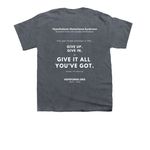 Never Giving Up, a Dark Heather Youth Unisex Tee (back-view)