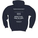 Never Giving Up, a Navy Youth Pullover Hoodie (back-view)