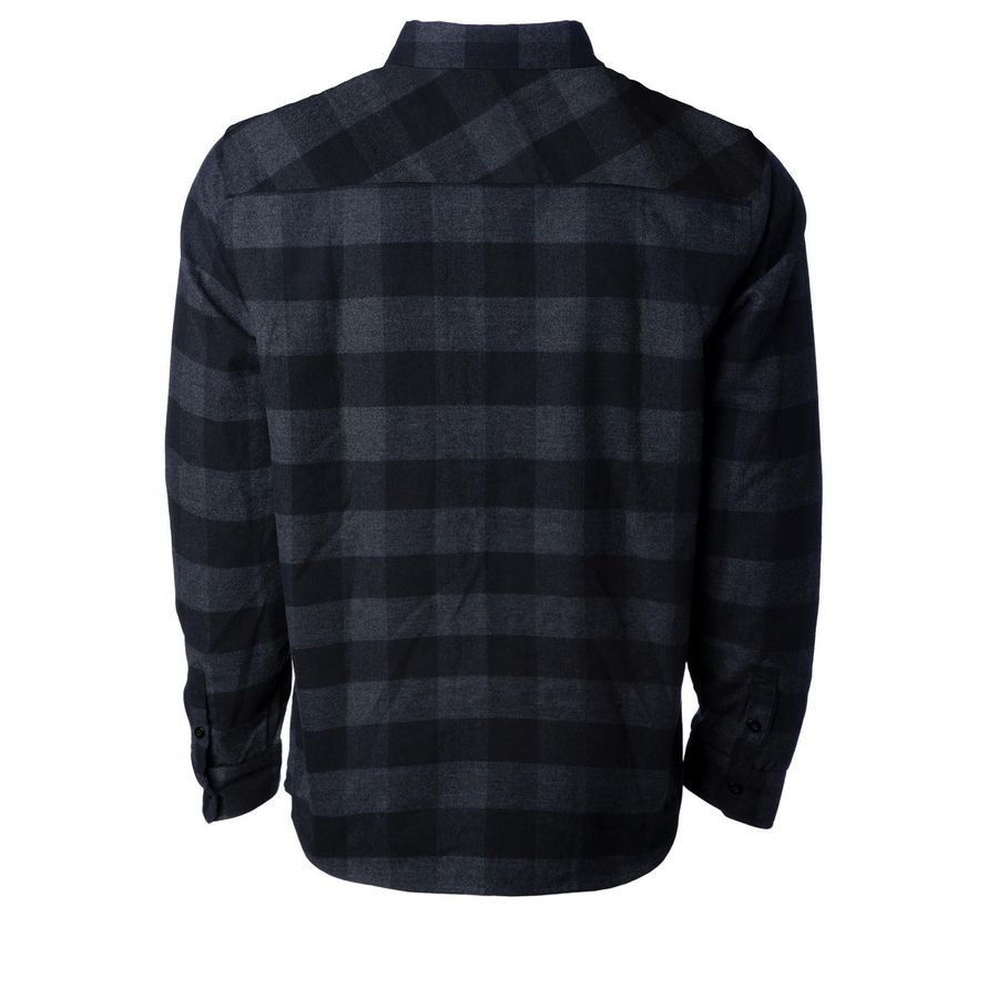 Plaid Button Up, a Charcoal Heather/ Black Unisex Flannel Shirt (back-view)