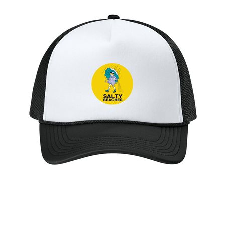Salty Beaches Hat, a White/ Deep Black Printed Foam Trucker Hat