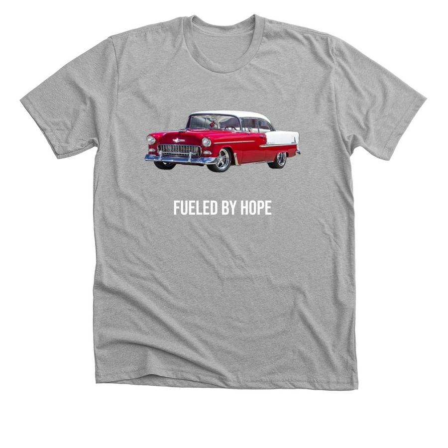 Fueled by gas, powered by community, a Athletic Heather Premium Unisex Tee