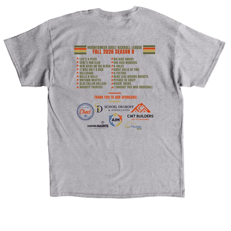FALL 2026 Mountaineer Adult Kickball League, a Sport Grey Classic Unisex Tee (back-view)
