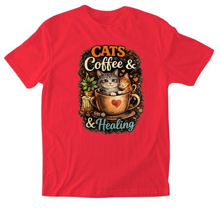 Cats Coffee & Healing, a Red Softstyle Cotton Tee