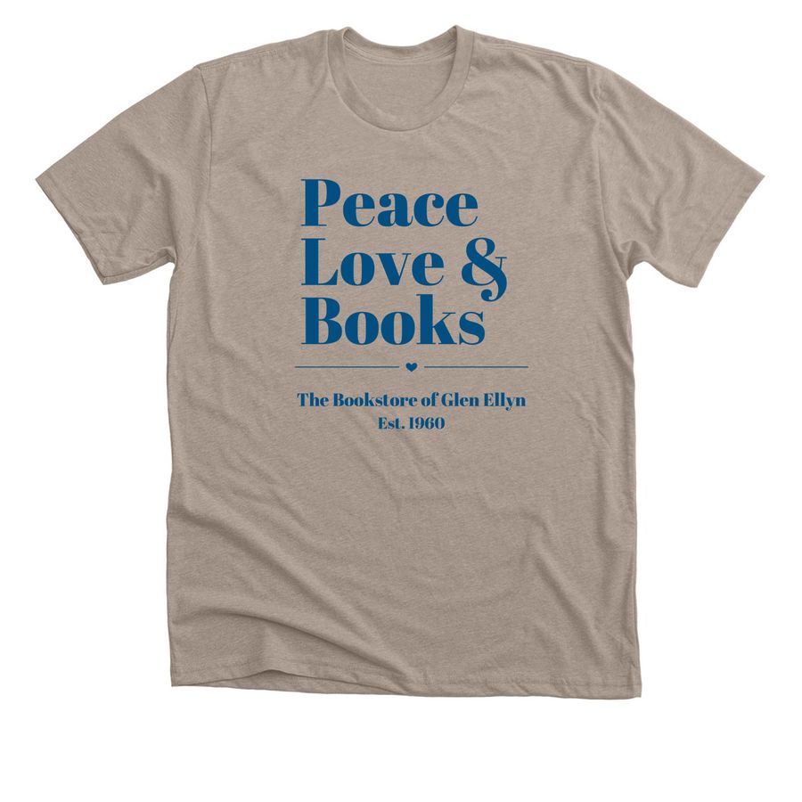Peace, Love, Books Small Heart Blue, a Heather Stone Premium Unisex Tee