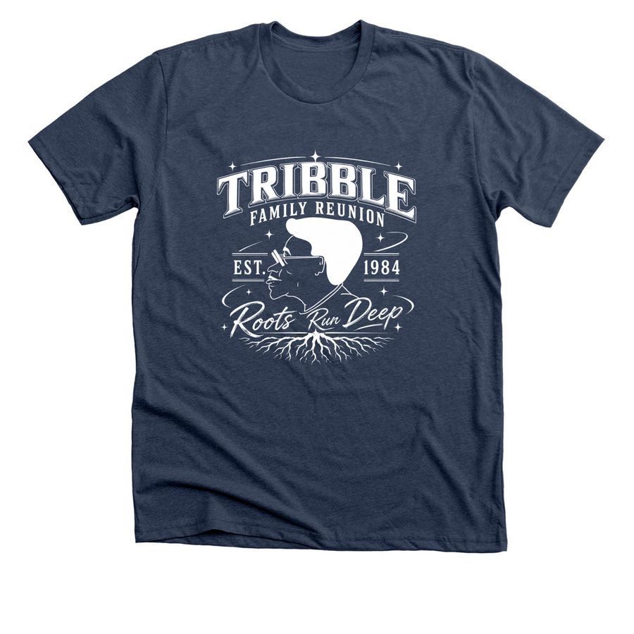 Tribble Family Reunion 2026: Roots Run Deep, a Heather Navy Premium Unisex Tee