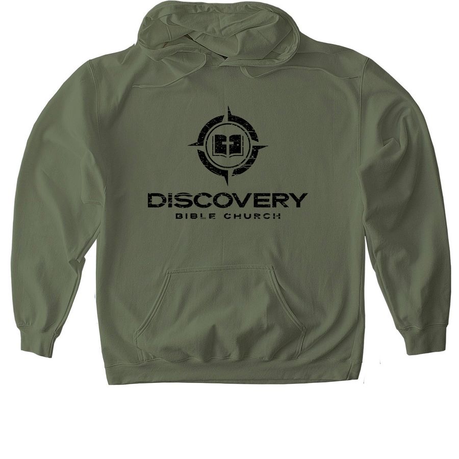 Outreach Hoodie - Distressed Black Logo, a Military Green Gildan Softstyle Pullover Hoodie