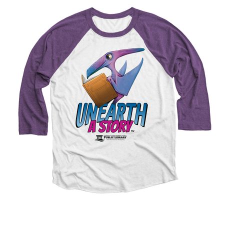 Summer Reading 2026 -&nbsp;Pterodactyl, a Purple Rush and Heather White 3/4 Sleeve Baseball Tee
