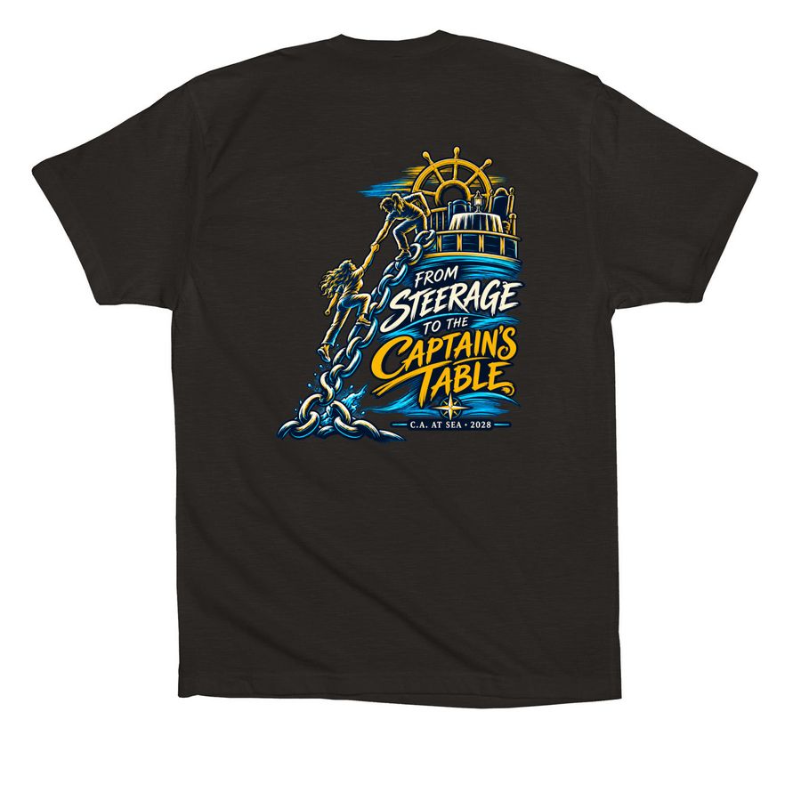 Steerage to Captain's Table 4.0 Women's, a Black Premium Cotton Tee (back-view)