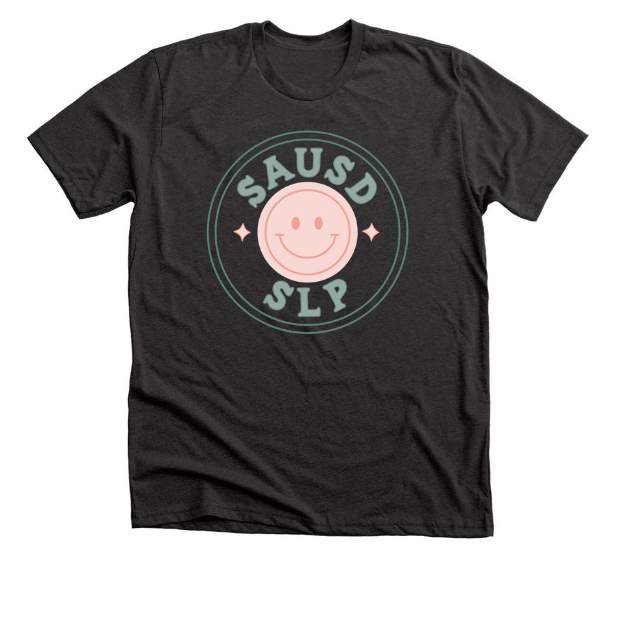 SAUSD SLP Smiley Face, a Dark Grey Heather Premium Unisex Tee