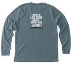 All We Bought...! back side, a Heather Slate Premium Long Sleeve Tee (back-view)