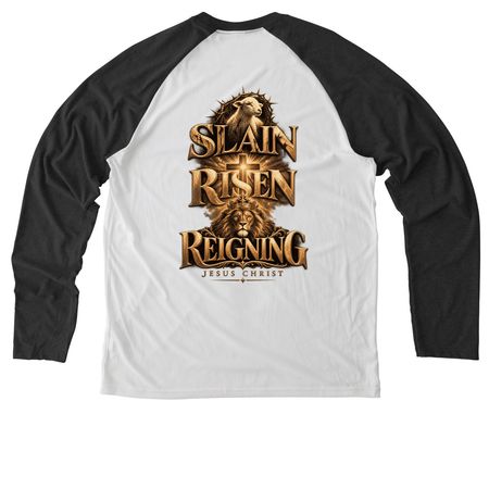 Slain, Risen, Reigning&nbsp;, a Space Black/ Bright White Allmade Eco Triblend Colorblock Raglan Long Sleeve Tee (back-view)