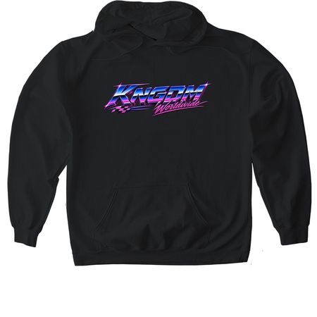 KNGDM WORLDWIDE RETRO BLACK HOODIE, a Black Gildan Softstyle Pullover Hoodie