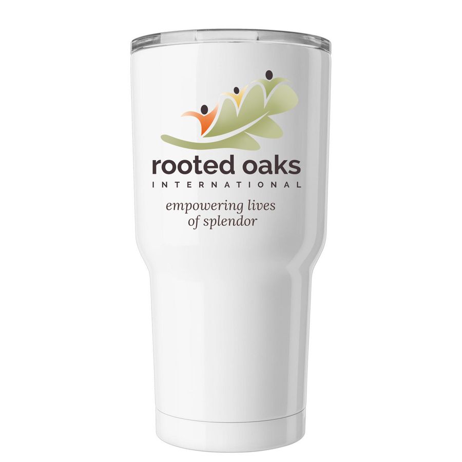 Rooted Oaks Travel Mug, a White Insulated Tumbler