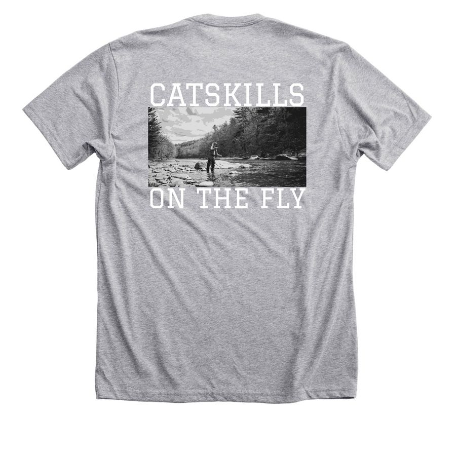 CATSKILLS ON THE FLY, a Athletic Heather Premium Unisex Tee (back-view)