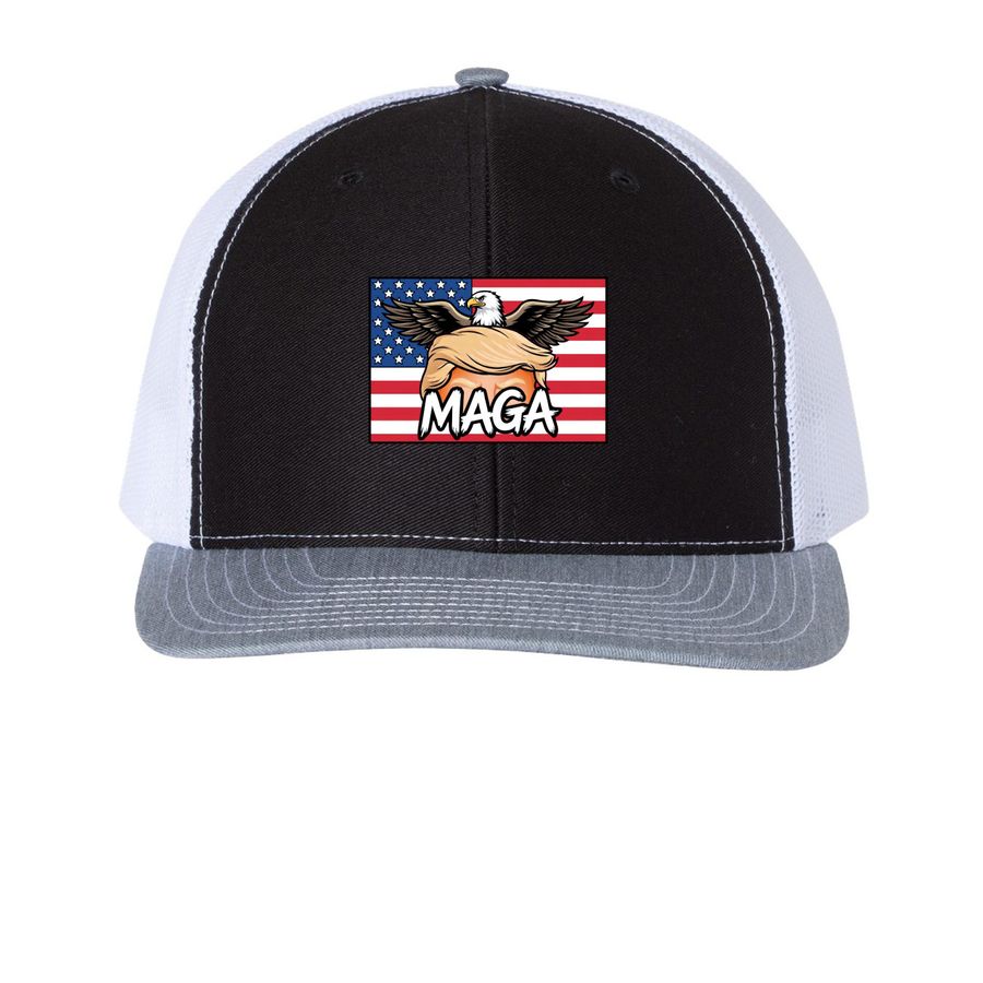 MAGA Hair Hats, a Black/ White/ Heather Grey Printed Snapback Trucker Cap