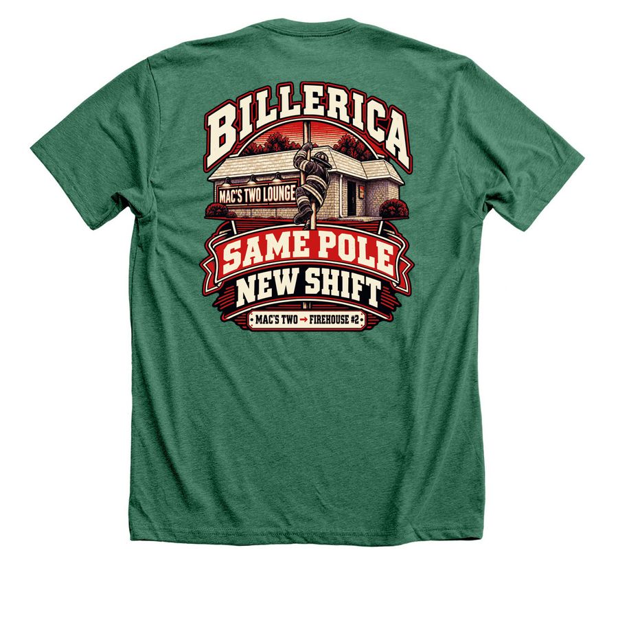 Mac 2?s to Firehouse #2, a Heather Grass Green Premium Unisex Tee (back-view)