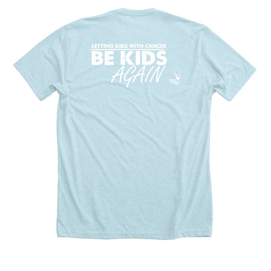 HAPPY CAMPER, a Heather Ice Blue Premium Unisex Tee (back-view)