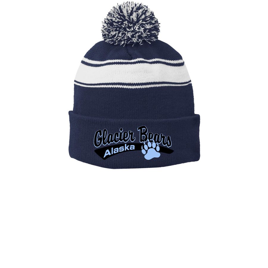 Glacier Bears Beanie, a True Navy/ White Printed Stripe Pom-Pom Beanie