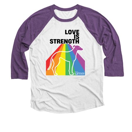 Love Is Strength, a Purple Rush and Heather White 3/4 Sleeve Baseball Tee