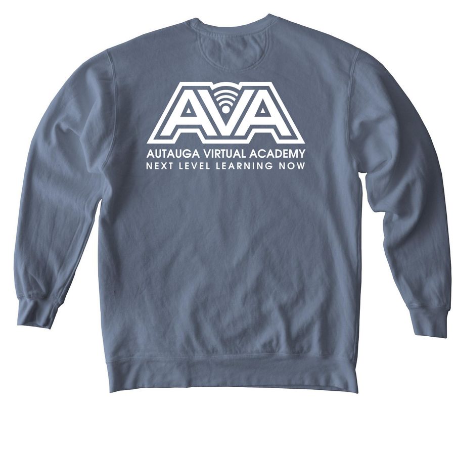 White logo / Pocket & Back, a Blue Jean Comfort Colors Crewneck Sweatshirt (back-view)