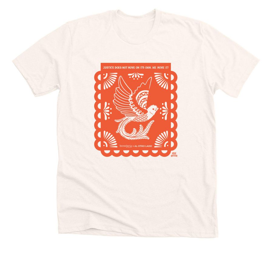 Al Otro Lado x Brewjer?a Merch, a Heather Natural Premium Unisex Tee